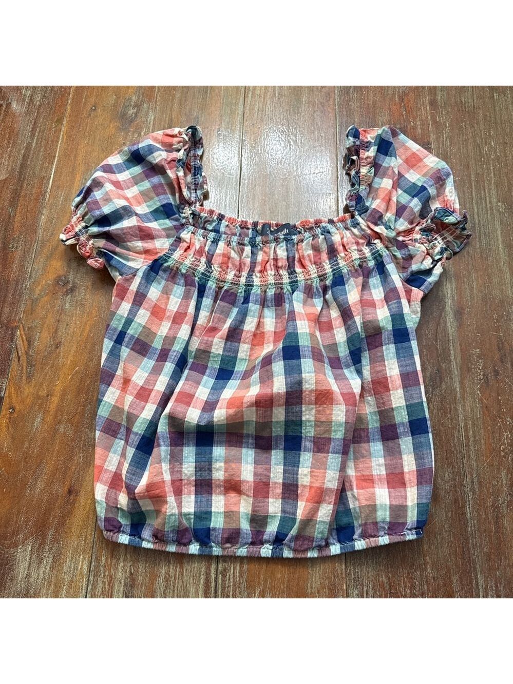 ModCloth Madras Plaid Peasant Blouse Smocked Square Neck Size Small